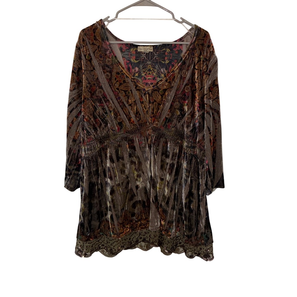 382 Live and Let Live Velvet Tunic Top 2X Brown Boho Paisley Sequin Lace Hem